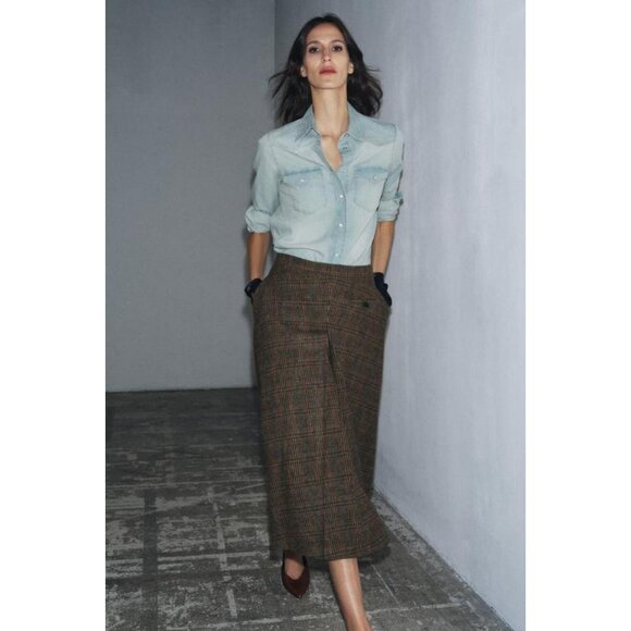ZARA ZW COLLECTION CHECK SKIRT WITH WOOL AND PLEATS - Picture 1 of 10